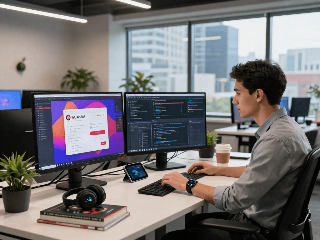 Developer immersed in coding for spicychat in a vibrant tech workspace, multiple screens showcasing UI designs.