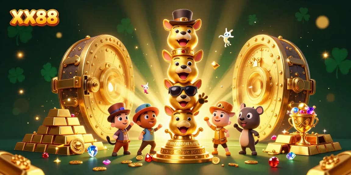 Experience exhilarating gameplay at XX88 with dynamic casino elements, vibrant gold treasures, and engaging characters.