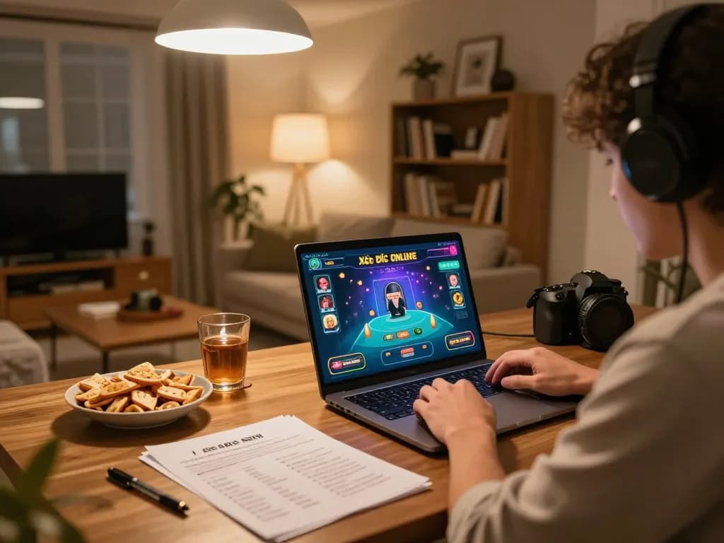 Xóc đĩa online gaming experience in a cozy home setting, showcasing dynamic live dealer gameplay on laptop.