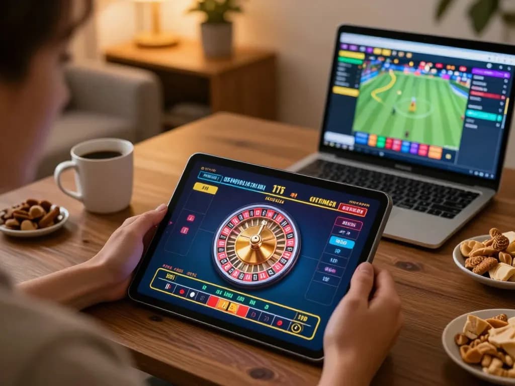 BL555 user engaged in online gaming roulette, cozy home setting with snacks and laptop.