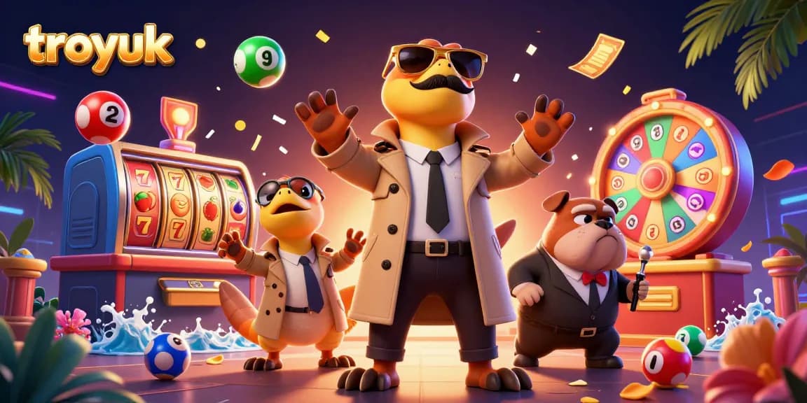 Exciting scene featuring troyuk's three raptors in a trench coat at a VIP casino lounge with vibrant game elements.