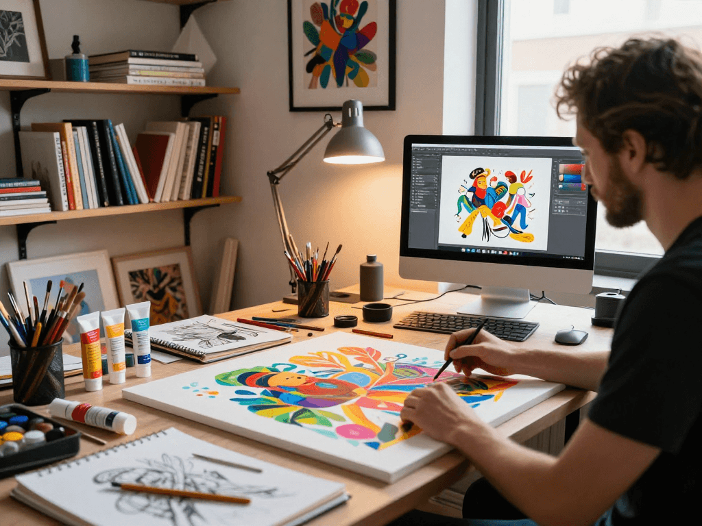 NSFW art creation scene in digital studio with vibrant colors, artist painting