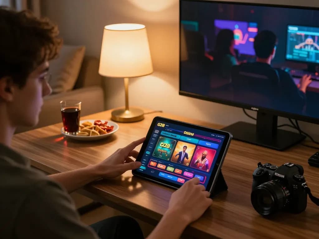 G28 casino player enjoying online games at home with engaging interface and snacks around