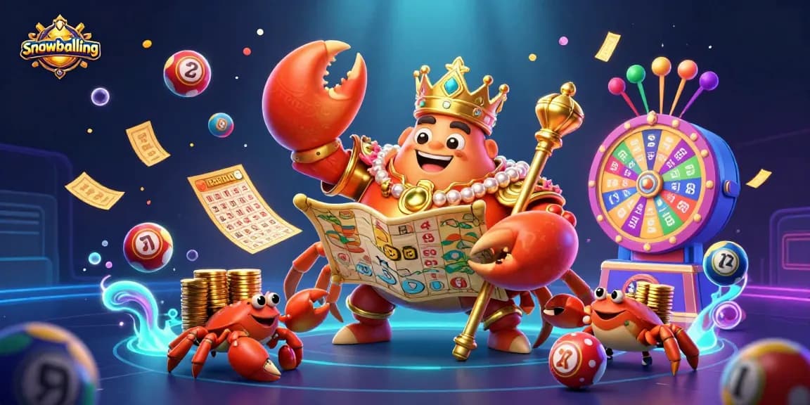Experience snowballing action with a golden crab emperor in a vibrant lottery and gaming scene.