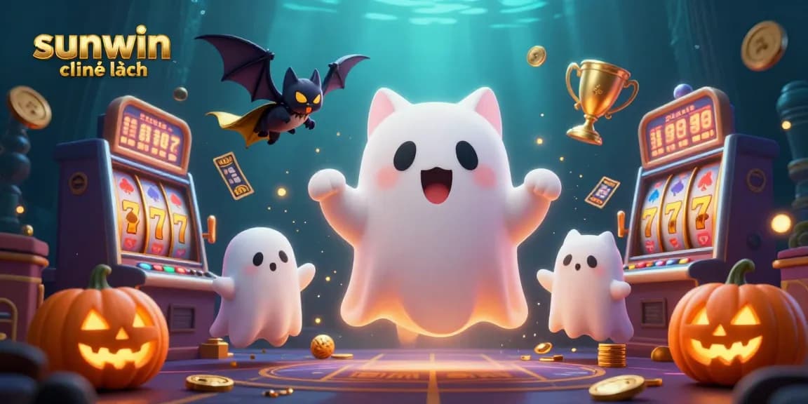 Experience thrilling gameplay with sunwin chính hãng in this captivating haunted casino scene featuring a ghost cat, bat, and exciting slot visuals.