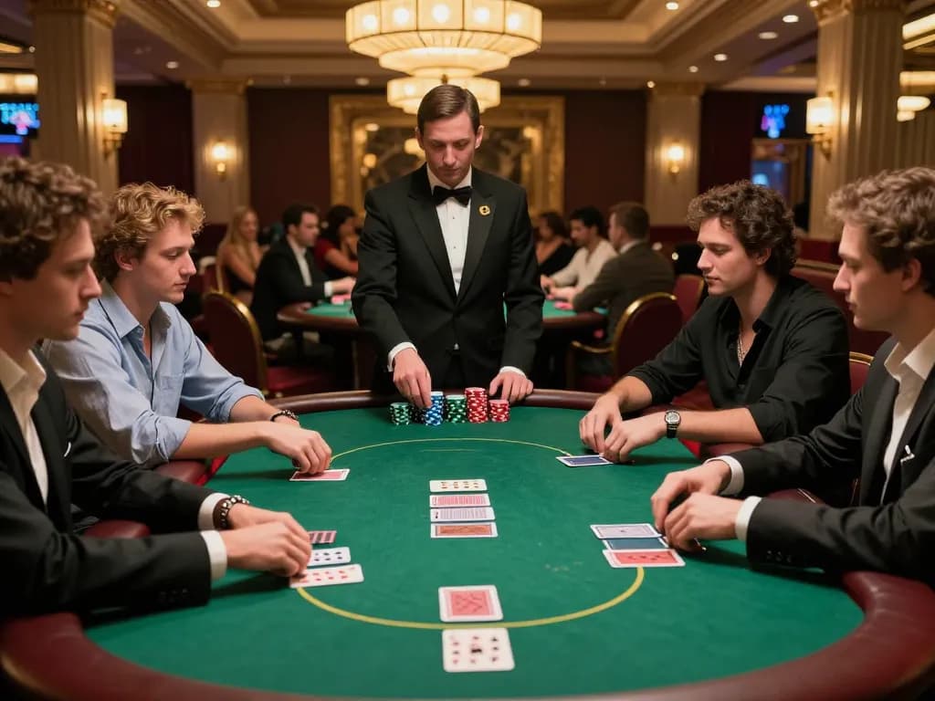 CM88 players making strategic moves during an intense poker game in a luxurious casino setting