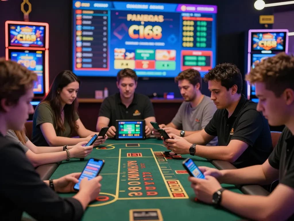 Players enjoying online gambling with C168, displaying diverse gaming options in a vibrant digital setting.