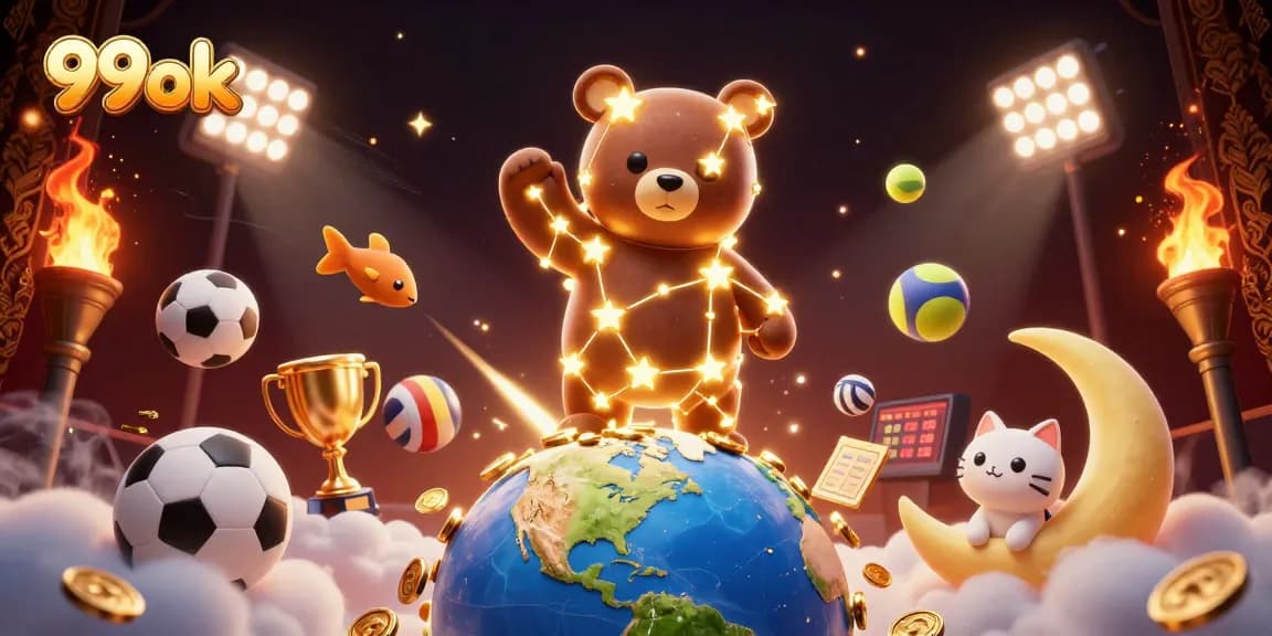 Experience winning excitement at 99ok with vibrant casino-themed 3D illustration full of games and characters.