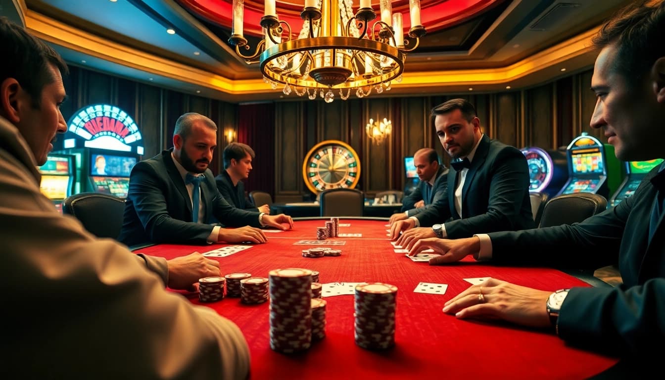 Players strategizing at a poker table in a luxurious casino setting, representing https://8day-vn.jpn.com/.
