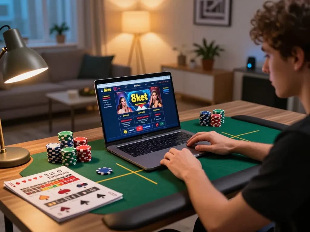 Engaging in a thrilling online gaming session at 8kbet with poker chips and strategy notes.