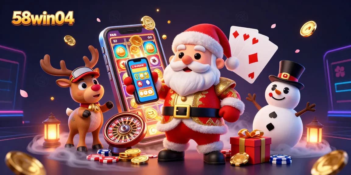 Engage with 58win04 in a vibrant casino scene featuring Santa Claus and friends enjoying slots.