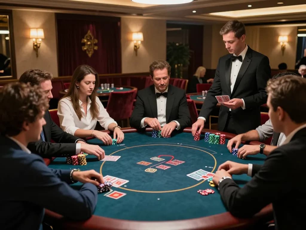 Players enjoy a high-stakes game at dacsandatphanrang's exclusive poker table in a luxurious casino.
