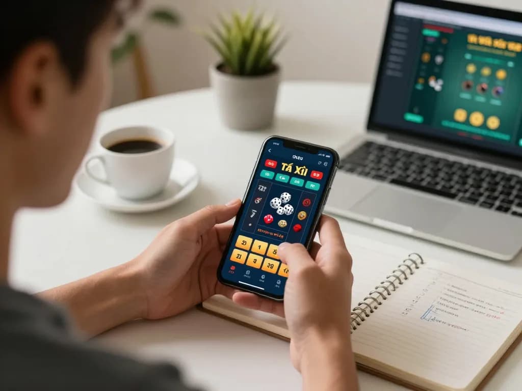 Engaging player using app tài xỉu online on smartphone while enjoying a cozy home environment.