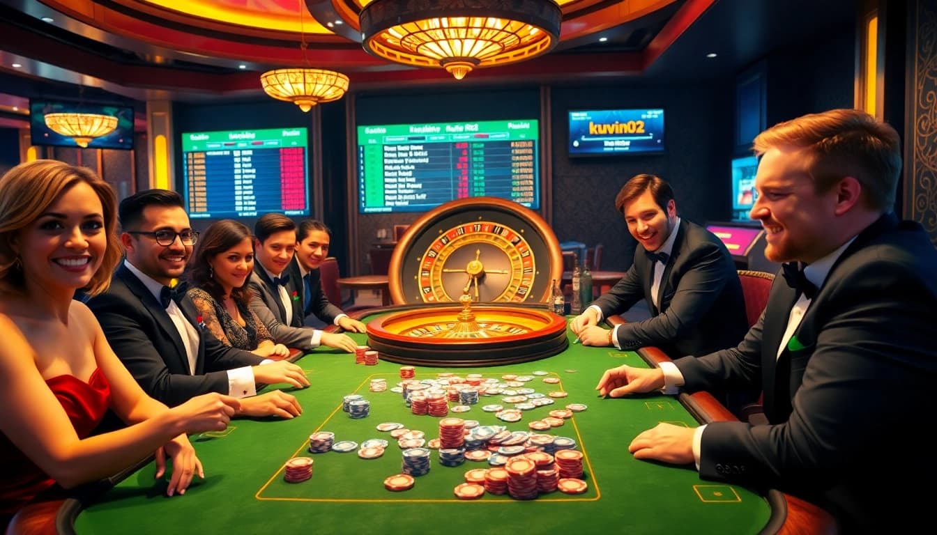 Kuwin02 players engaged in thrilling poker action at an upscale casino table.