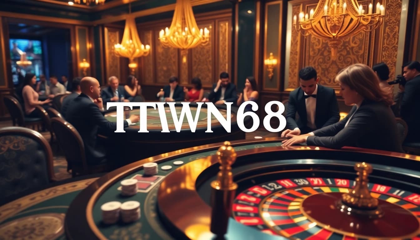 TWIN68 features vibrant gaming tables surrounded by excited players in a luxurious casino setting.