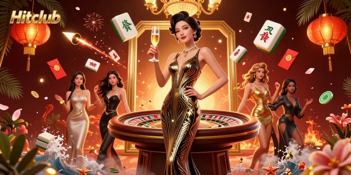 Hitclub presents an elegant scene showcasing a glamorous woman in an art deco gown, celebrating with 3D casino elements.