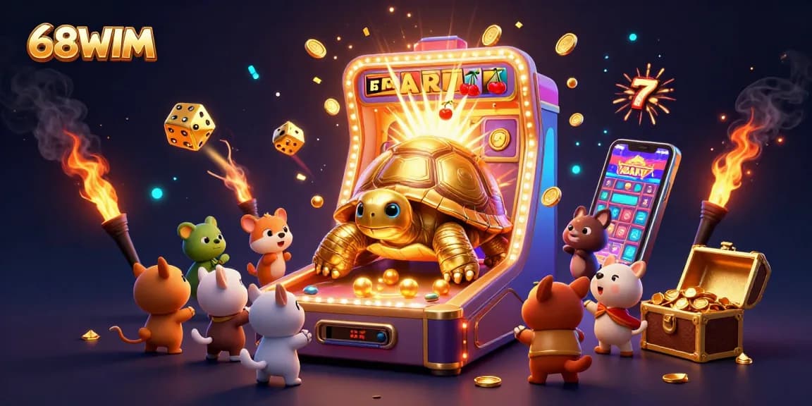 Experience thrilling games at 68WIM with a vibrant casino adventure illustration featuring a golden tortoise pinball.