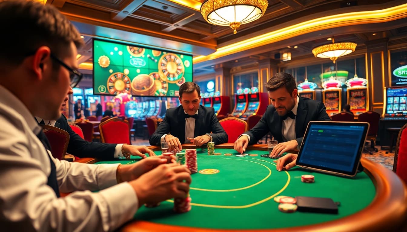 Engaging poker scene showcasing high stakes at https://s8s.reviews/, featuring professional players, colorful chips, and luxury casino ambiance.