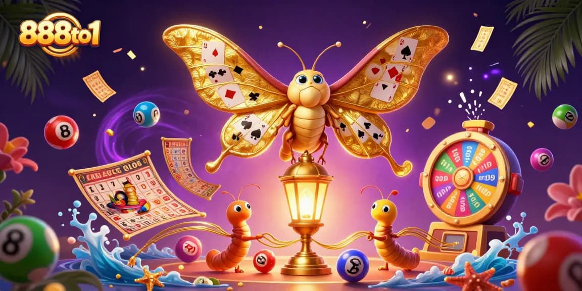Join the fun with 888to1 as colorful lottery balls bounce and golden moth wings flutter!