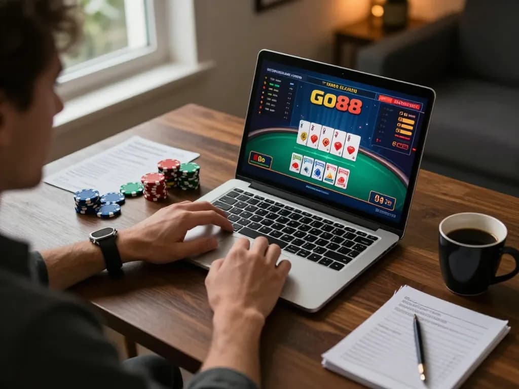 Engaging with Go88 casino games on a laptop, showcasing an exciting poker hand in a cozy home setting.
