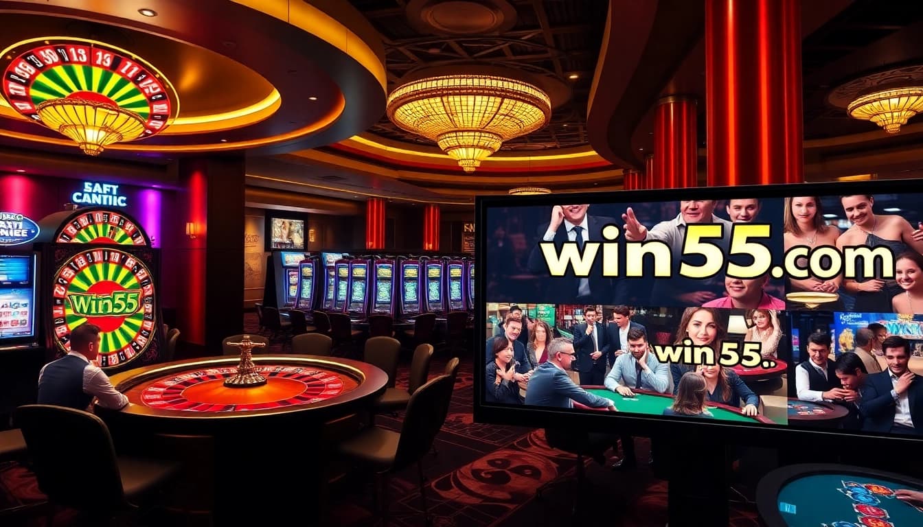 Experience the excitement of win55 com with vibrant casino gaming scenes showcasing roulette and poker.