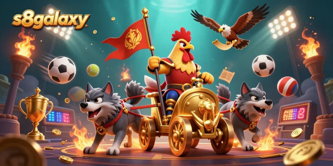S8galaxy features a dynamic 3D scene with a rooster warlord, sports elements, and a vibrant casino atmosphere.