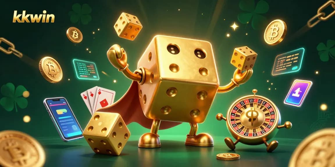Engage in thrilling gameplay with kkwin's vibrant 3D casino scene featuring golden dice, crypto coins, and exciting game elements.