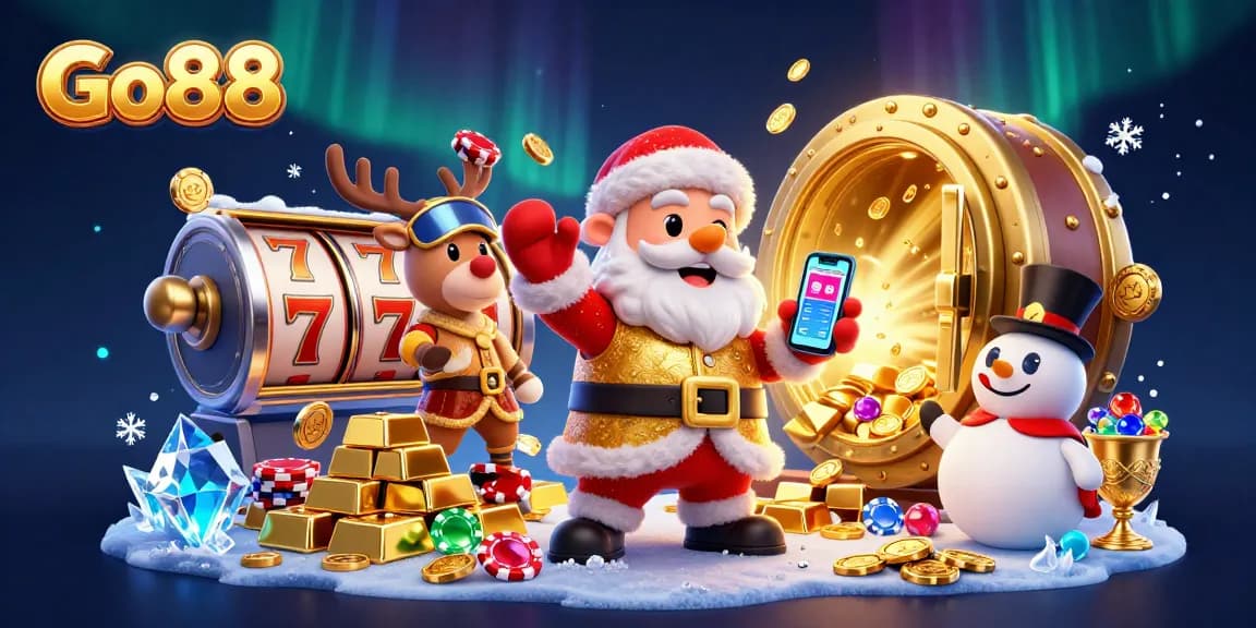 Experience thrilling jackpots at Go88 with Santa and friends in a vibrant casino scene.