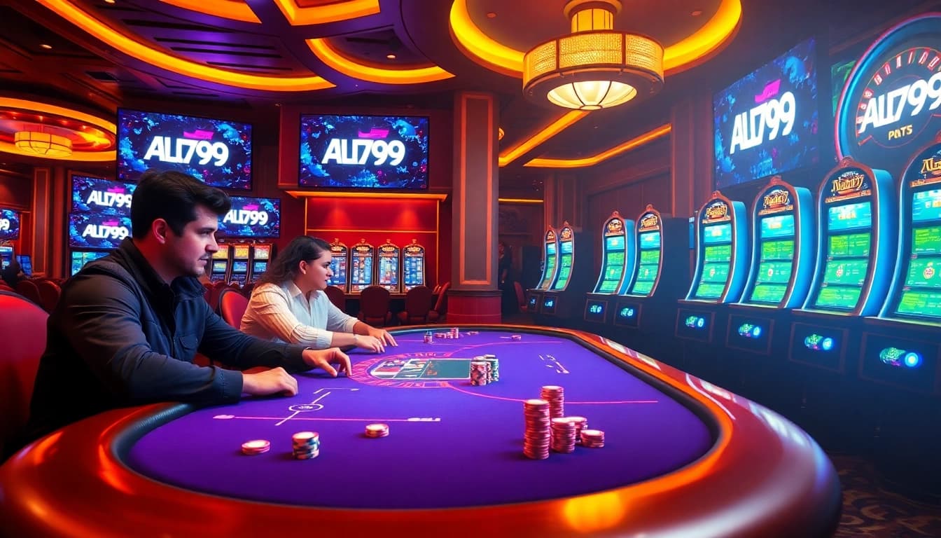 Alo789 players enjoying an exciting poker game with colorful chips and bright slot machines in the background.