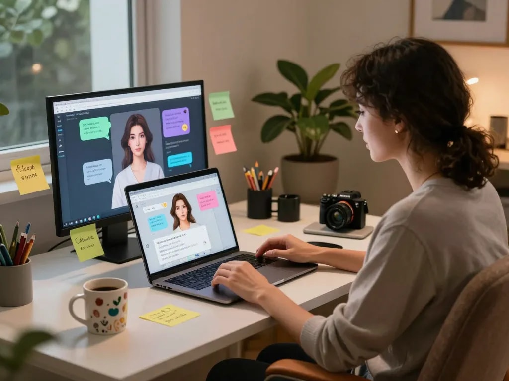 Engaging in an immersive nsfw ai chat in a cozy home office setting.