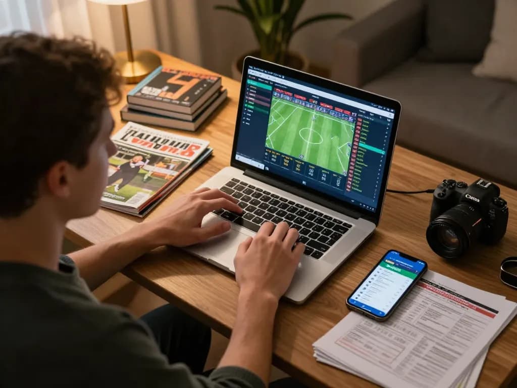 Bongdalu user engaging with live betting app for real-time football updates at home.