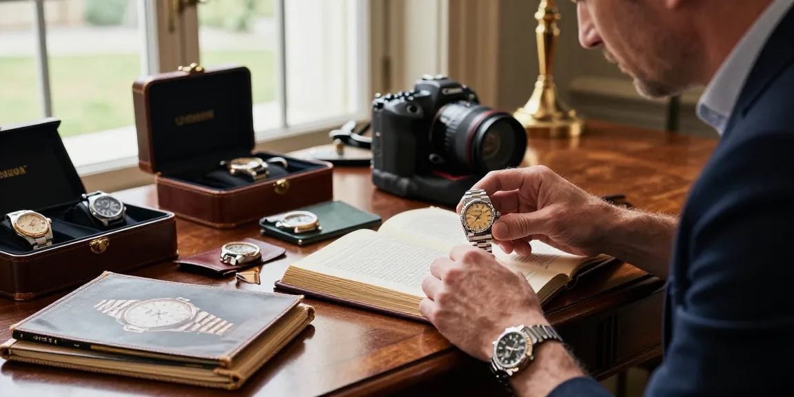 Person admiring a rolex replica watch in a luxurious setting, highlighting quality and craftsmanship.