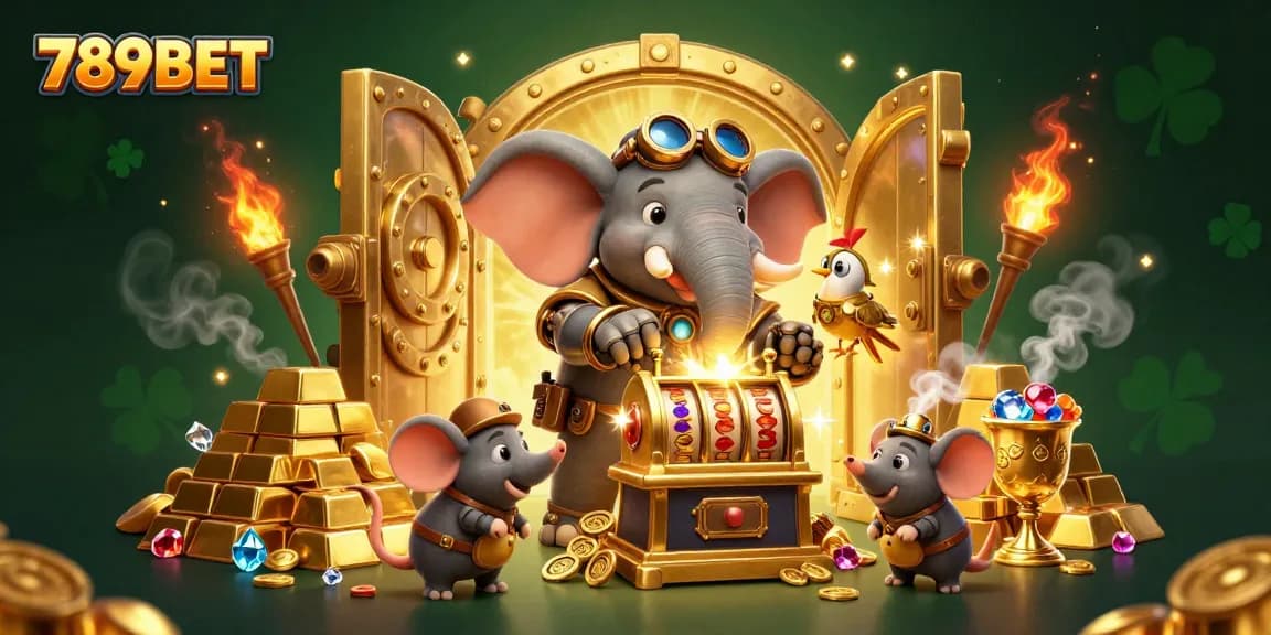 Experience thrilling 789BET gaming with a vibrant steampunk-themed casino illustration showcasing slot machines and treasures.