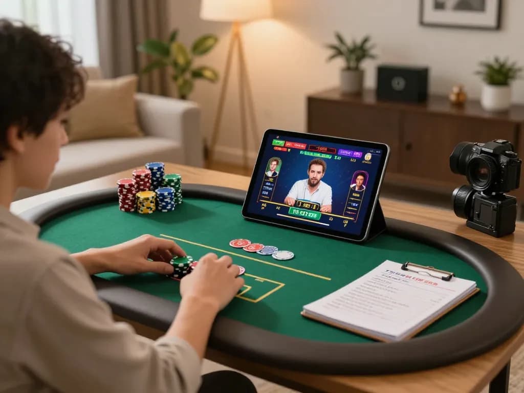 Player engaging in TR88 poker game on tablet at home, surrounded by strategic notes.