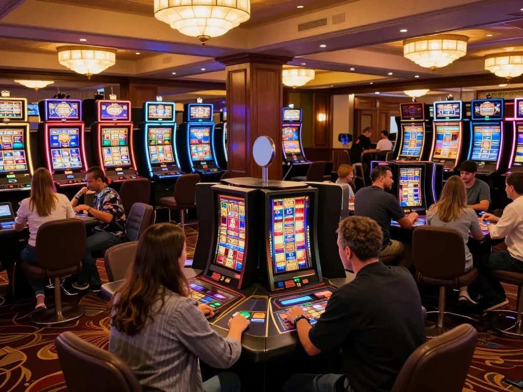 Dynamic casino scene showcasing players engaged at tables and vibrant slot machines, highlighting SHBET .COM gaming experience