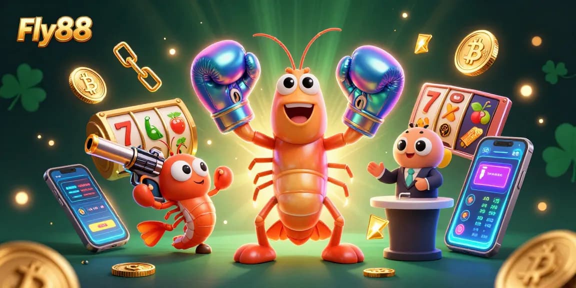 Engage in immersive gaming experiences like Fly88 and witness interactive 3D visuals of a colorful casino scene featuring vibrant characters and game elements.