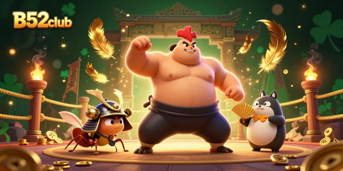 B52club characters engage in an energetic gambling arena featuring gold coins and vibrant game elements.