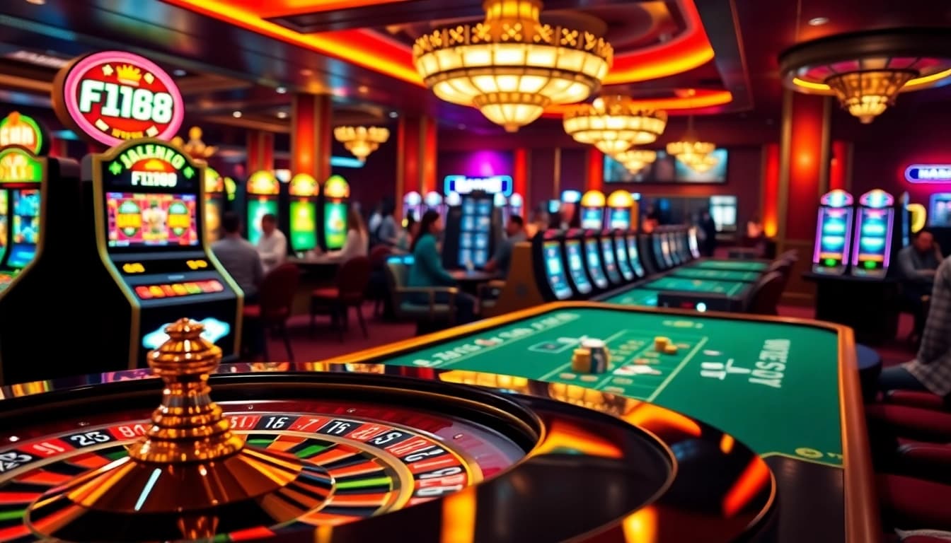 Players enjoy high-stakes action at the F168 online casino with vibrant gaming tables and thrilling games.