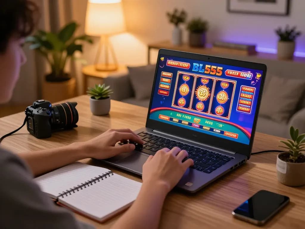 Player engaging with BL555 online casino on laptop, showcasing vibrant game play and strategic focus