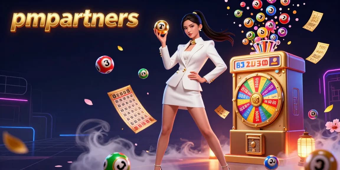 Engage in gaming with pmpartners featuring a stylish Asian woman with lottery balls and vibrant casino elements.