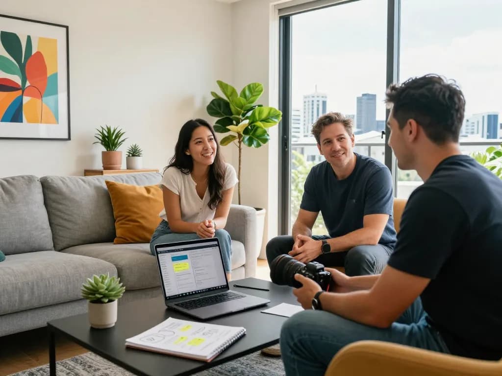 Team discussing airbnb management auckland strategies in a bright apartment