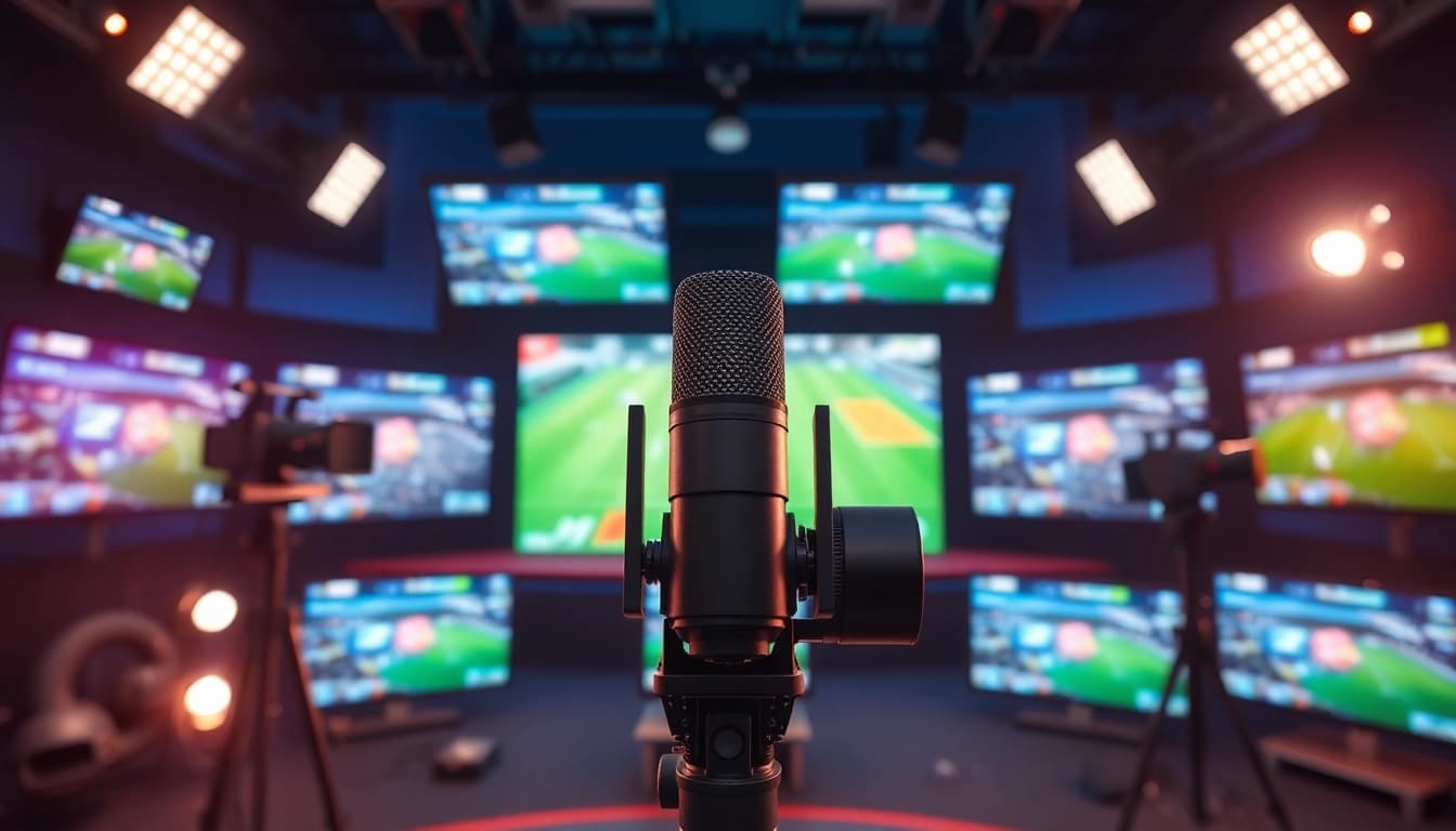 Sports Broadcasting featuring a professional studio setup with live event screens.