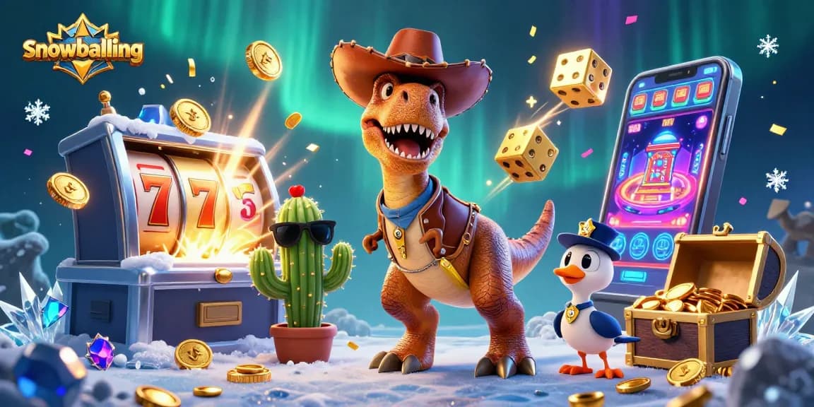 Engage in snowballing casino action with a vibrant scene featuring dynamic characters and exploding slot machines.