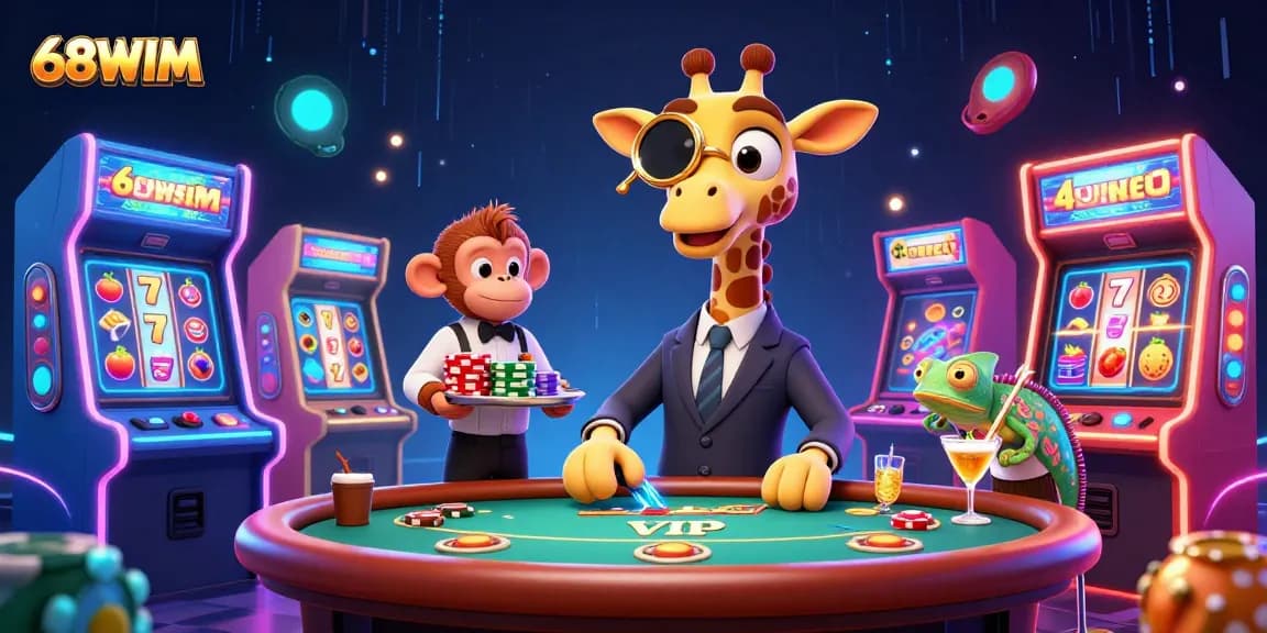 Engage in thrilling gameplay at 68WIM with a vibrant 3D casino illustration capturing rich interactions.