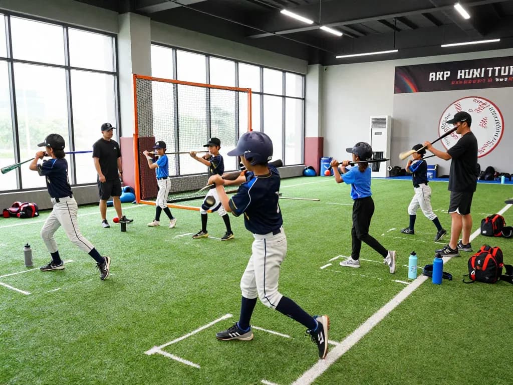 Young athletes training at hitclub's indoor baseball facility, showcasing dynamic coaching and practice.