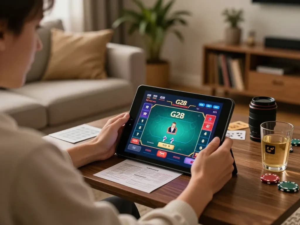 Engaging in G28 poker gaming at home on tablet with betting strategy notes around.