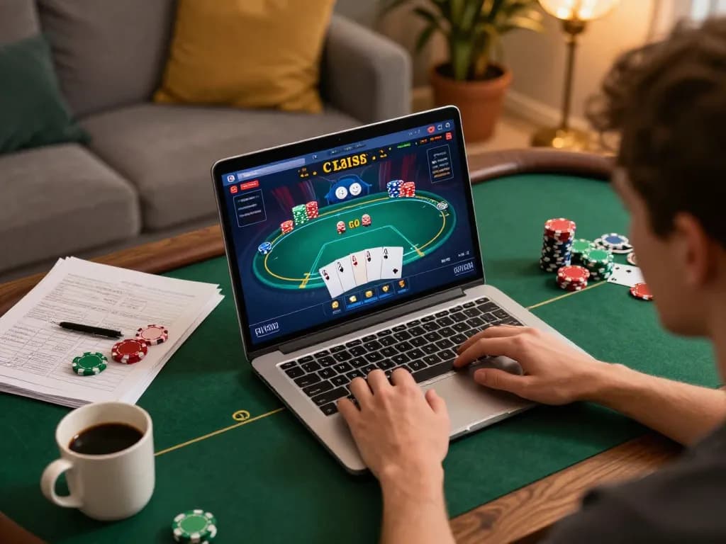C168 player enjoying an online poker game on laptop with strategy notes at home.