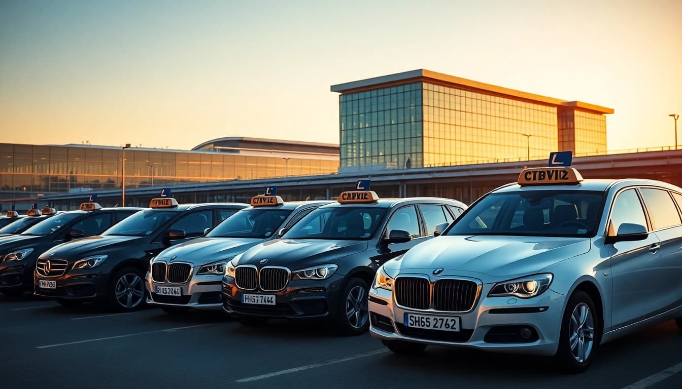 Arriving taxi stand at Heathrow and Gatwick airports providing transportation for travelers.