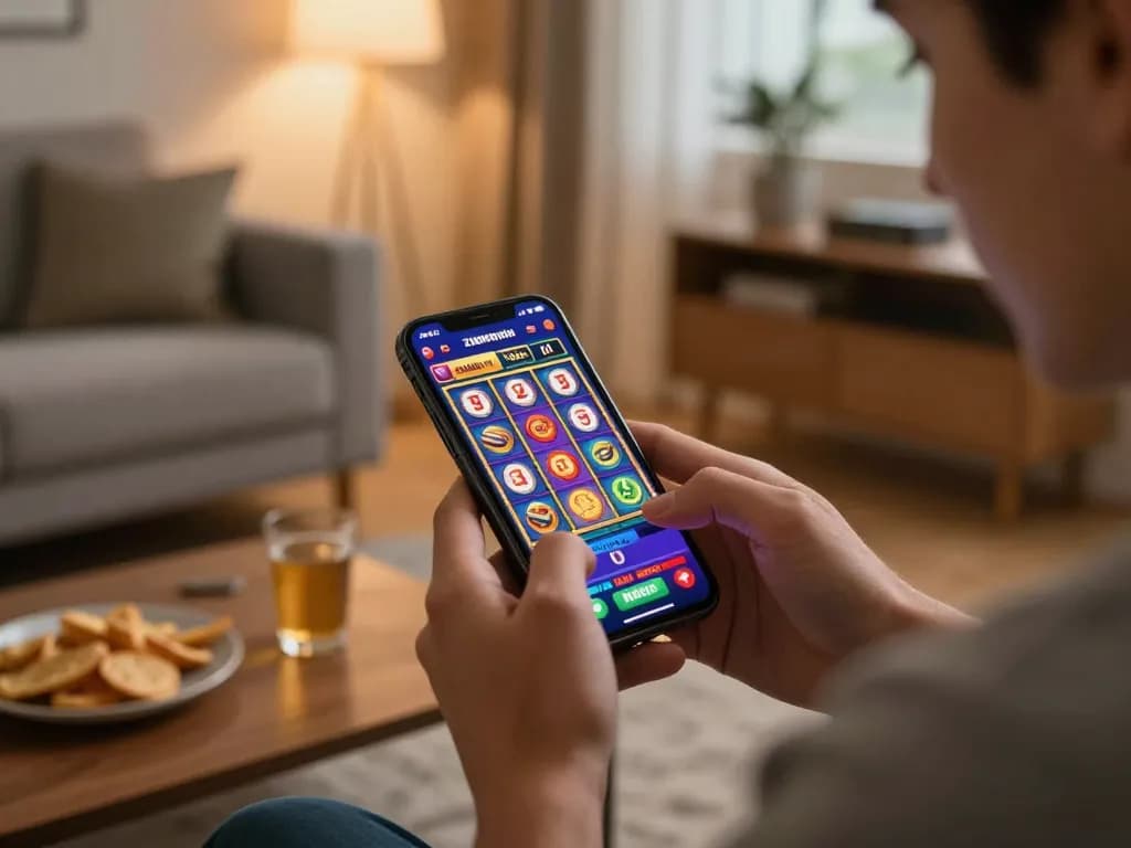 Engaging gameplay on the Zumospin casino app with vibrant graphics and cozy home setting