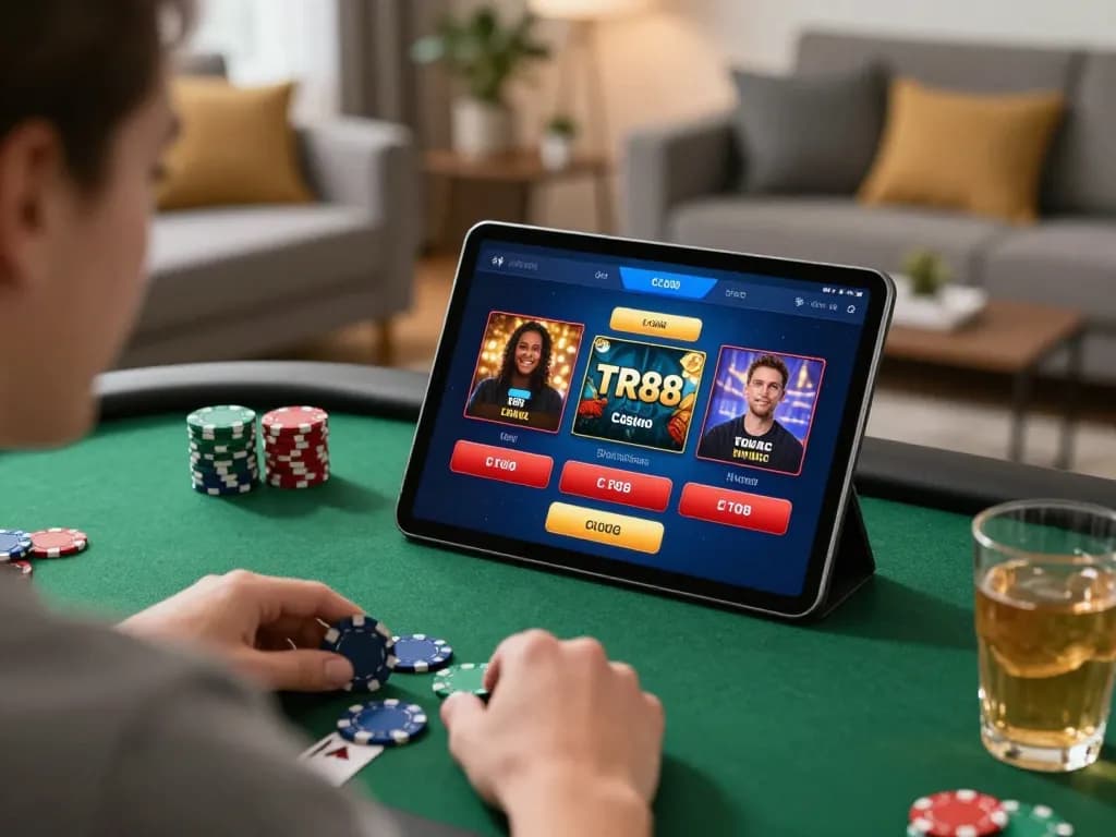Engaging with the TR88 casino app on a tablet in a cozy home setting